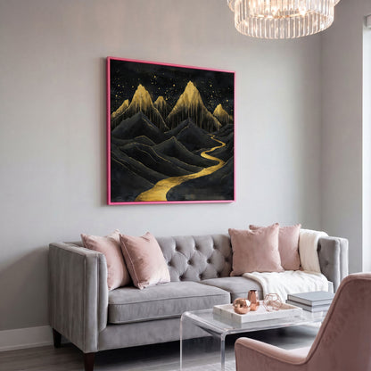 Surreal Black and Gold Mountains Canvas in pink floating frame