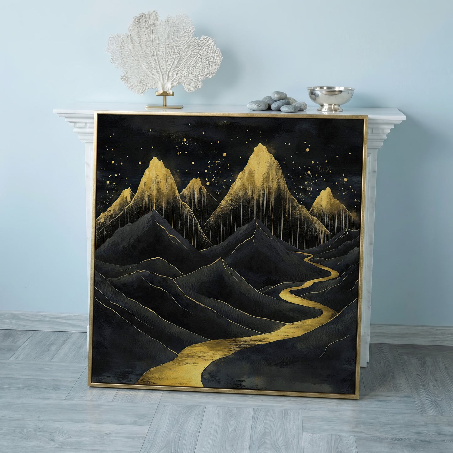 Surreal Black and Gold Mountains Canvas in rose gold floating frame