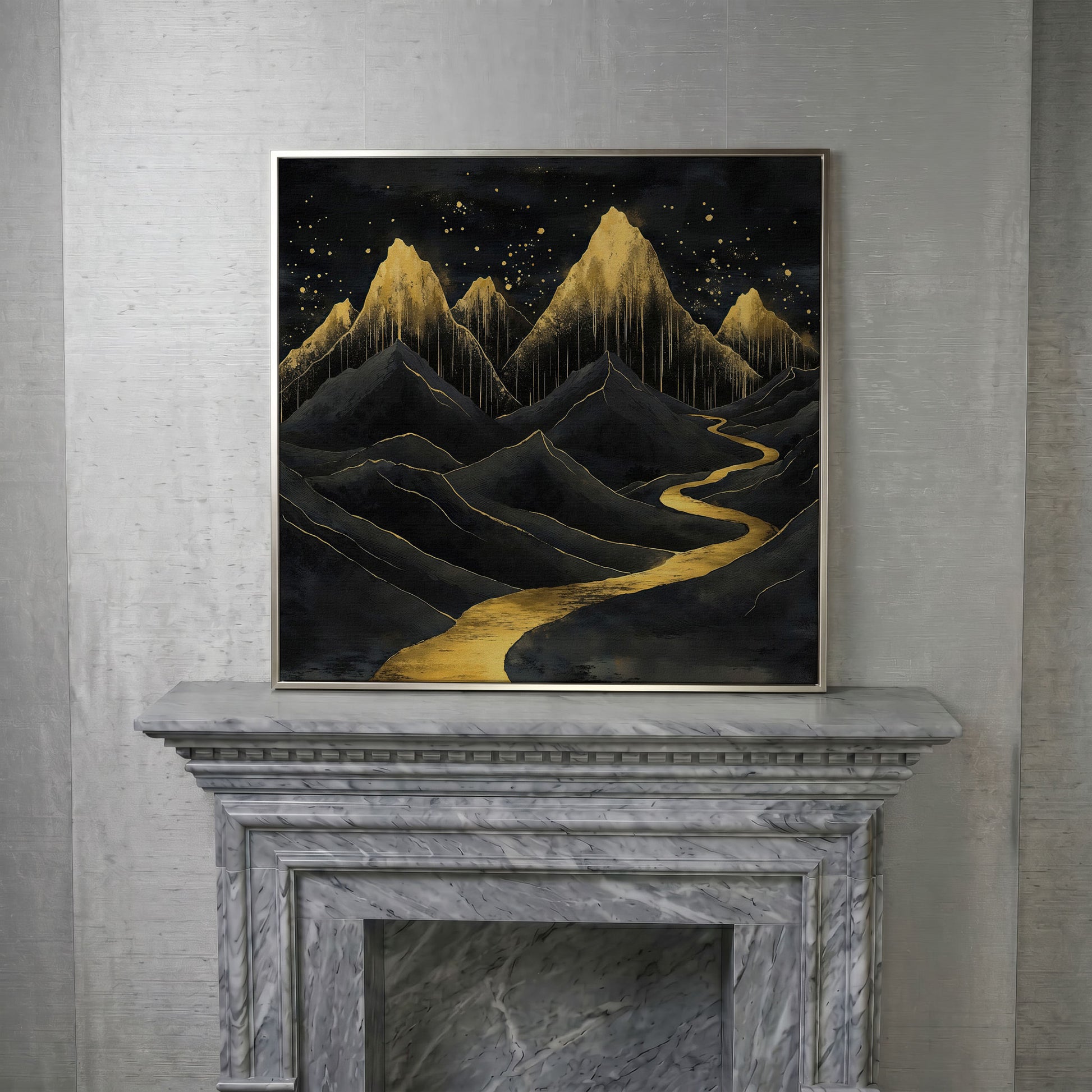 Surreal Black and Gold Mountains Canvas in silver floating frame