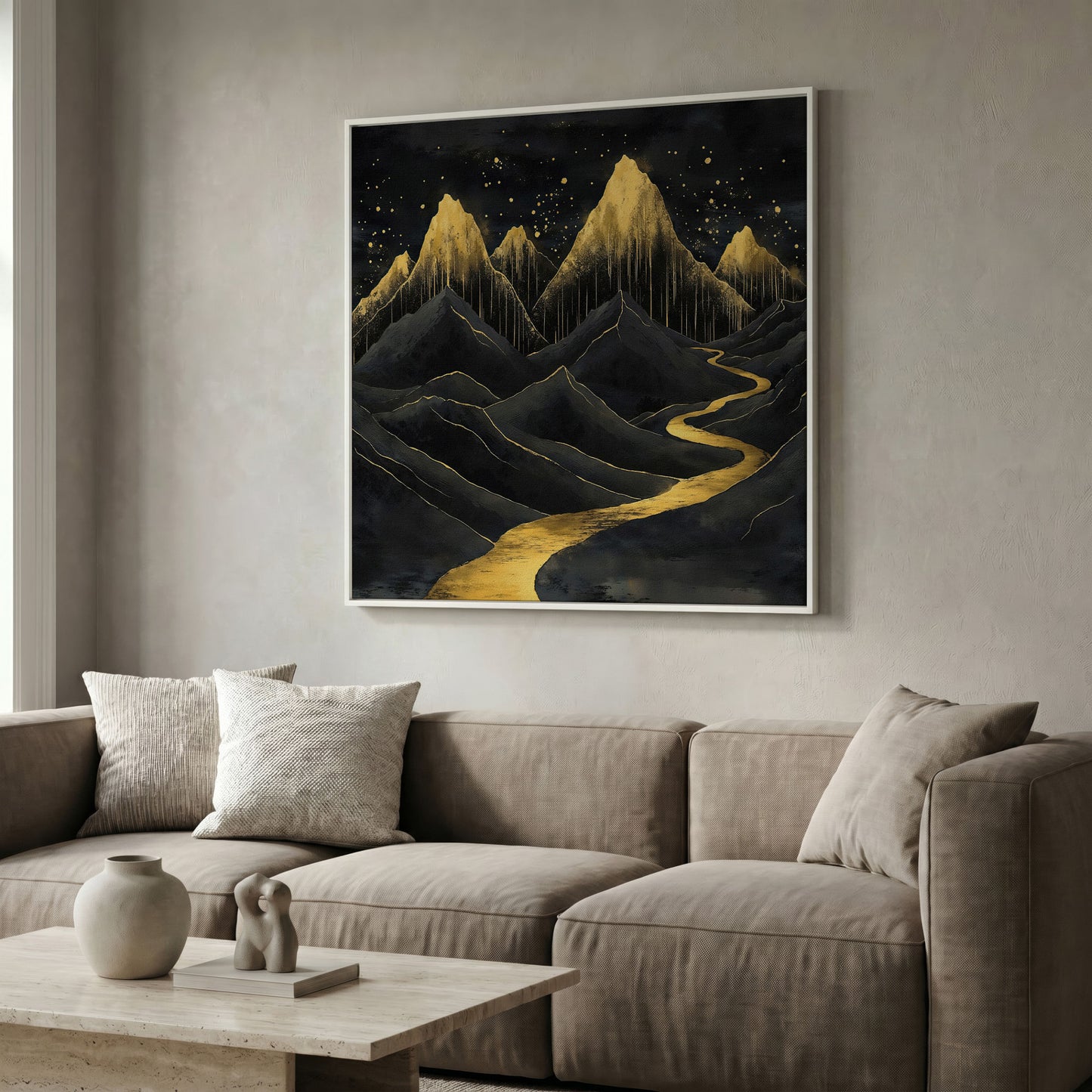 Surreal Black and Gold Mountains Canvas in white floating frame