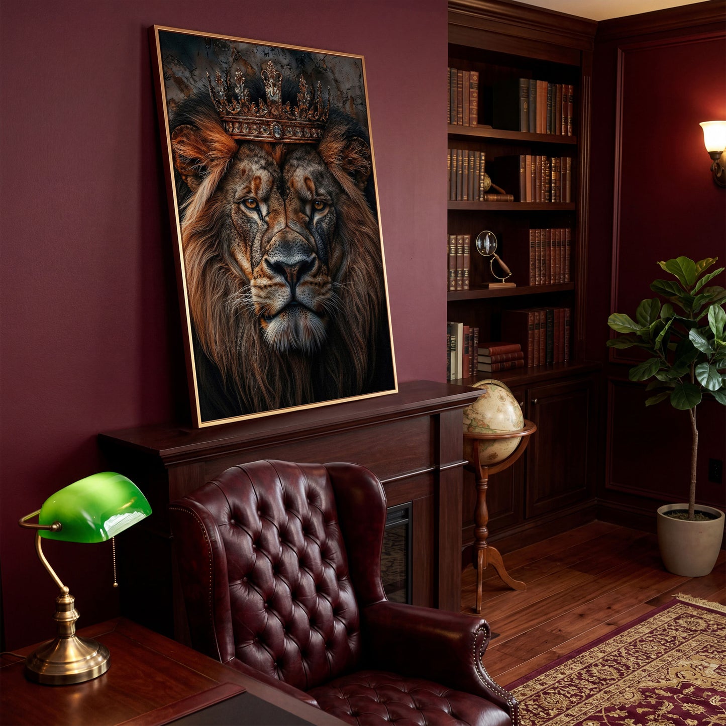 Lion Portrait Canvas with Gold Crown in antique gold floating frame
