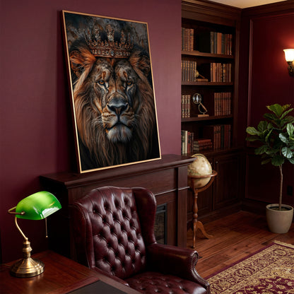 Lion Portrait Canvas with Gold Crown in antique gold floating frame