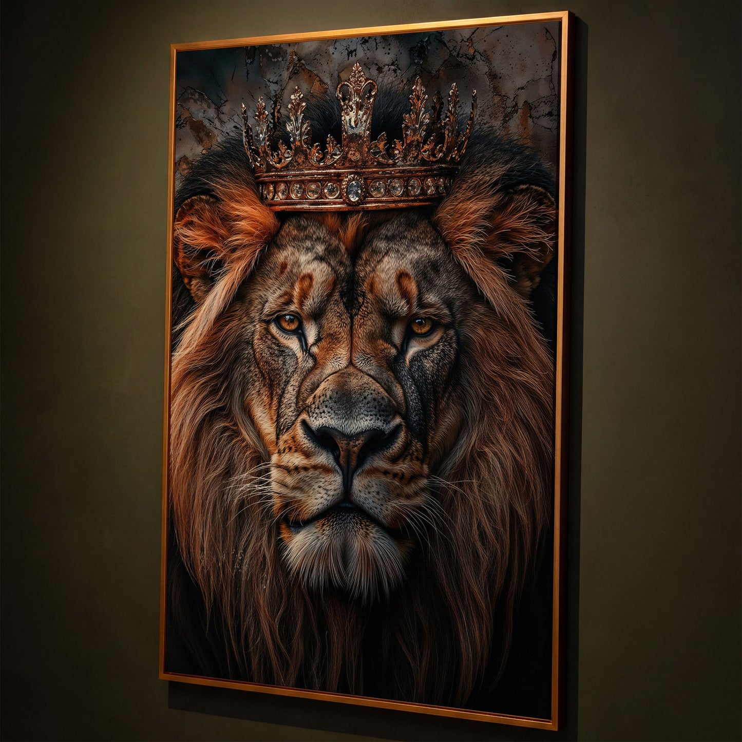 Lion Portrait Canvas with Gold Crown shown in antique gold floating frame