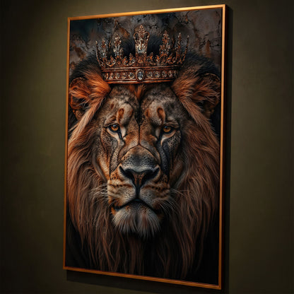 Lion Portrait Canvas with Gold Crown shown in antique gold floating frame