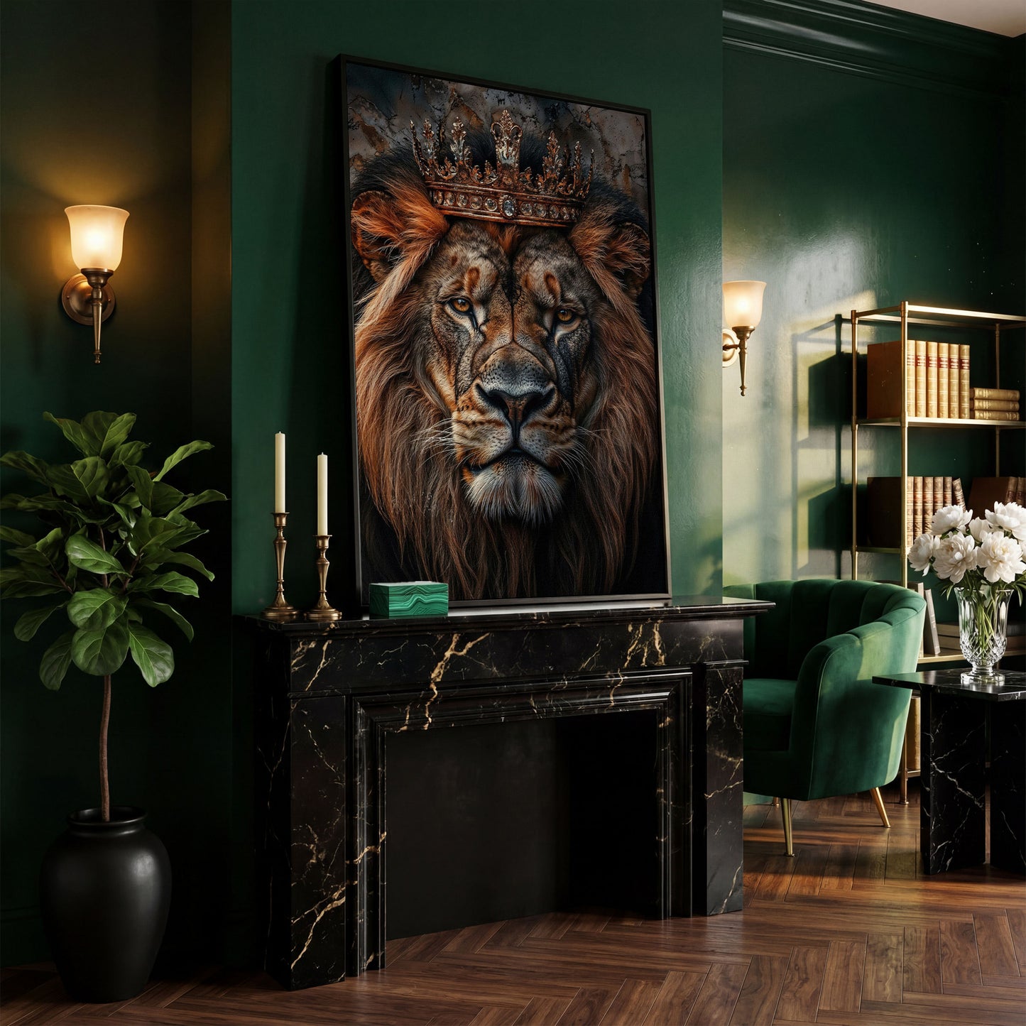 Lion Portrait Canvas with Gold Crown in black floating frame