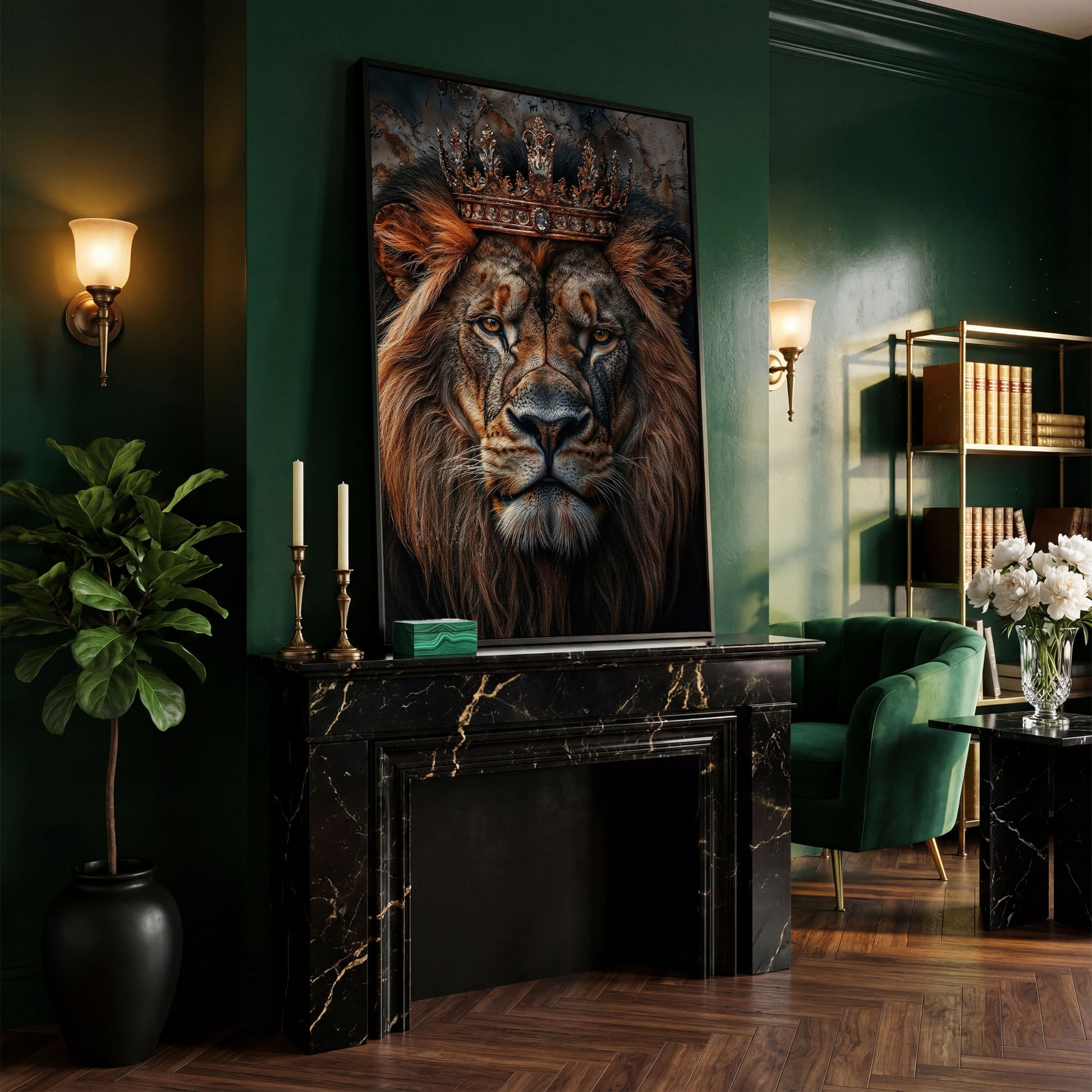 Lion Portrait Canvas with Gold Crown in black floating frame