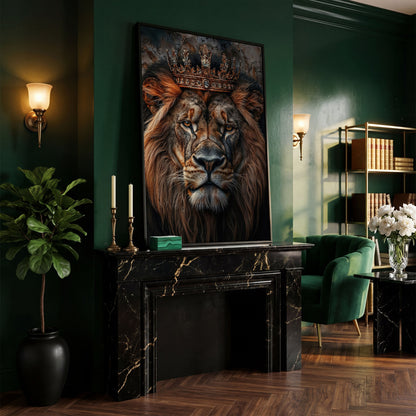 Lion Portrait Canvas with Gold Crown in black floating frame