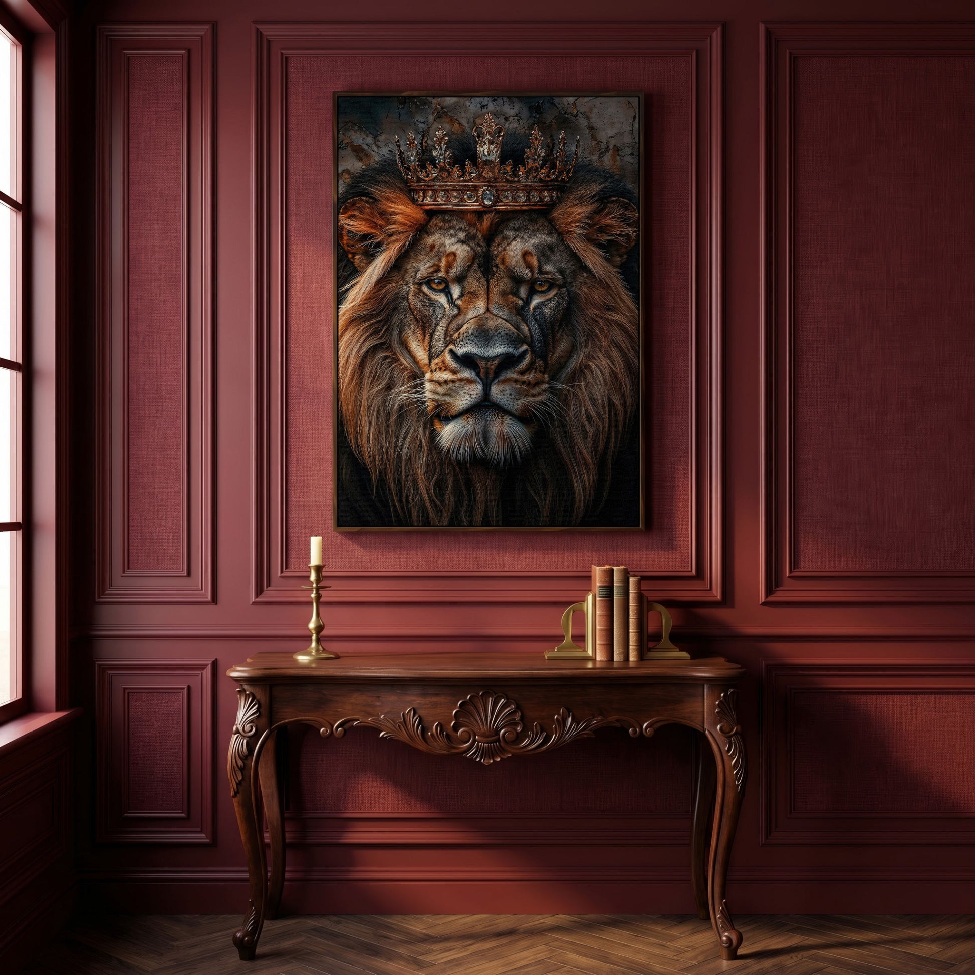 Lion Portrait Canvas with Gold Crown in dark walnut floating frame