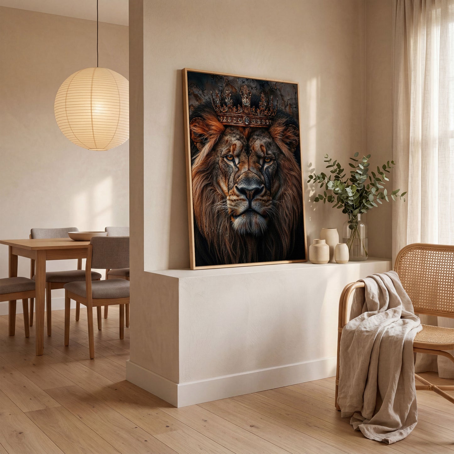 Lion Portrait Canvas with Gold Crown in white oak floating frame