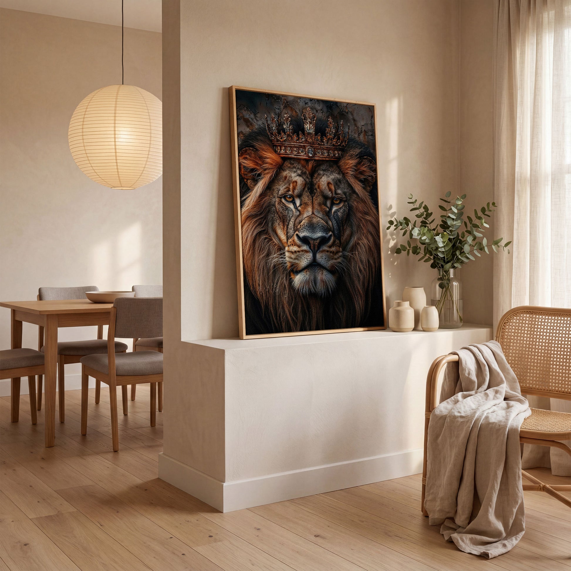 Lion Portrait Canvas with Gold Crown in white oak floating frame