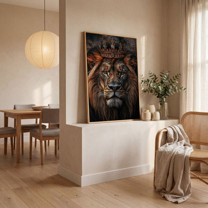 Lion Portrait Canvas with Gold Crown in white oak floating frame