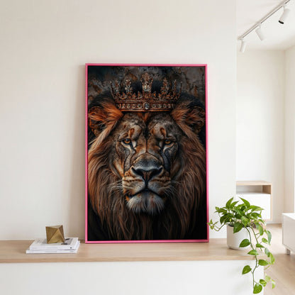 Lion Portrait Canvas with Gold Crown in pink floating frame