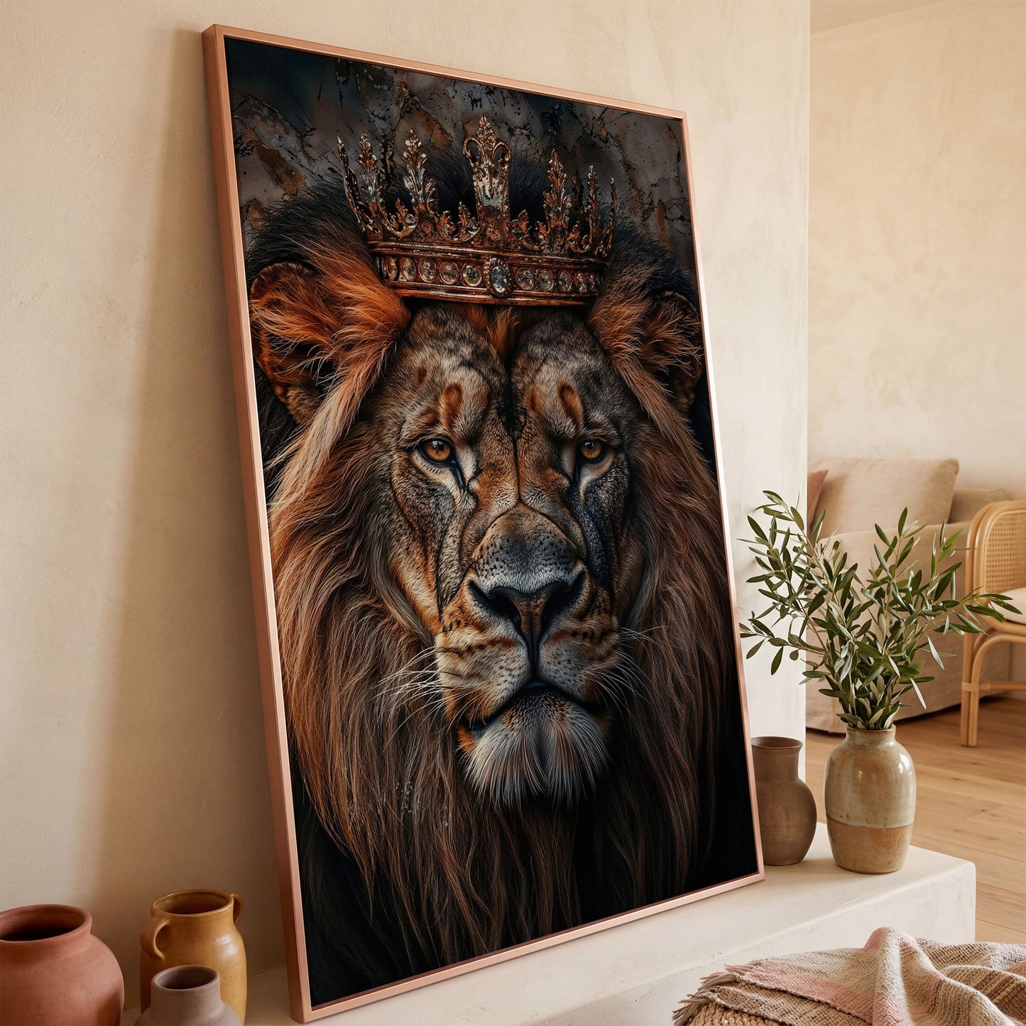Lion Portrait Canvas with Gold Crown in rose gold floating frame