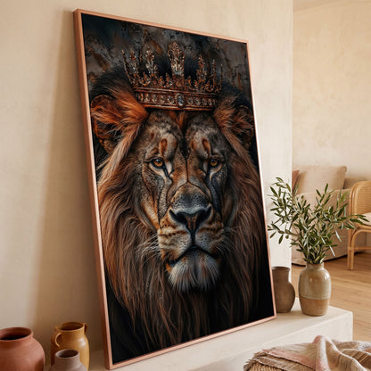 Lion Portrait Canvas with Gold Crown in rose gold floating frame