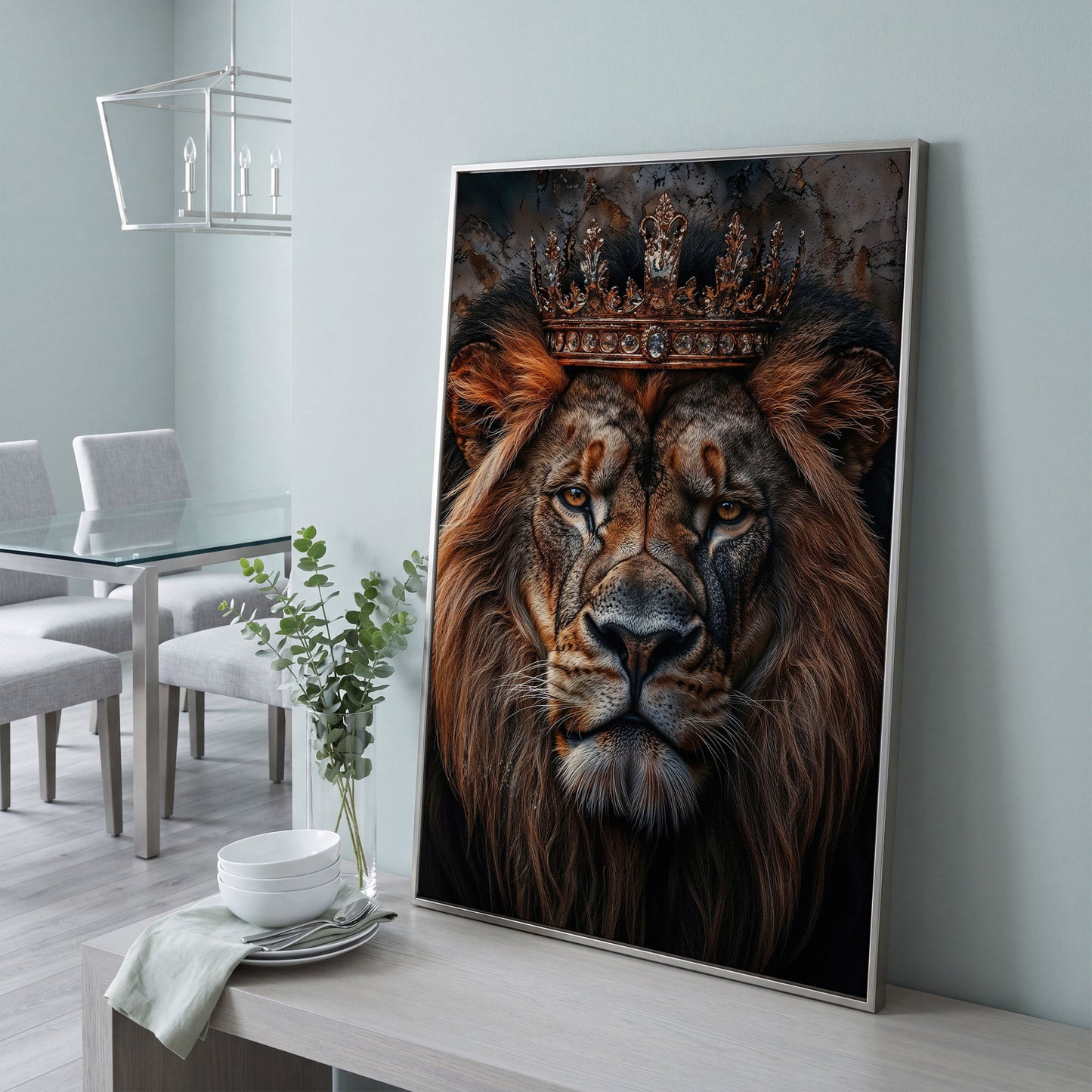 Lion Portrait Canvas with Gold Crown in silver floating frame