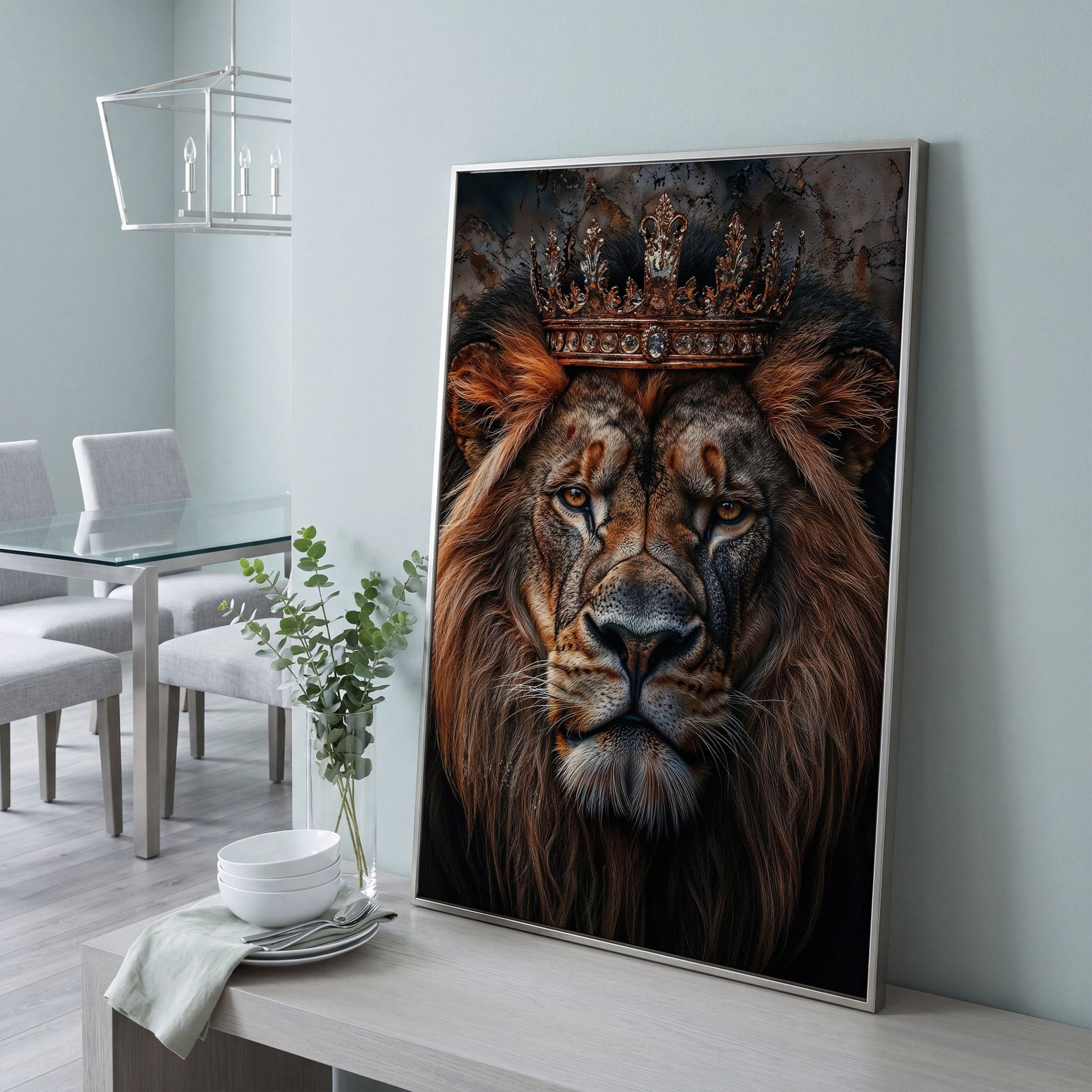 Lion Portrait Canvas with Gold Crown in silver floating frame