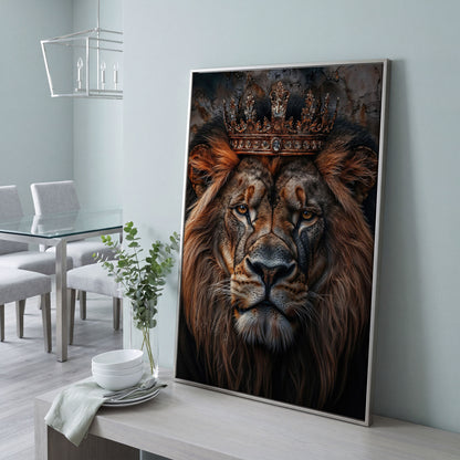 Lion Portrait Canvas with Gold Crown in silver floating frame