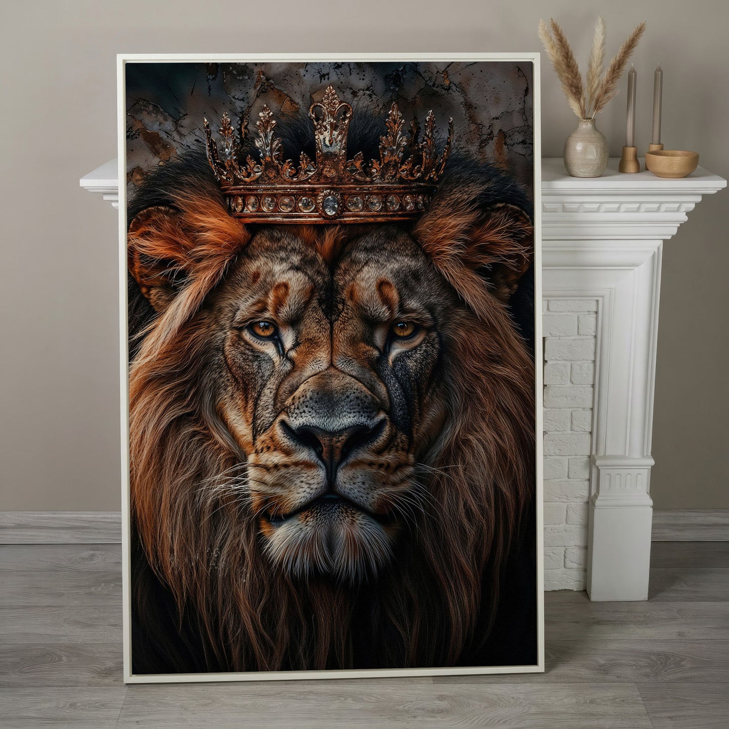 Lion Portrait Canvas with Gold Crown in white floating frame