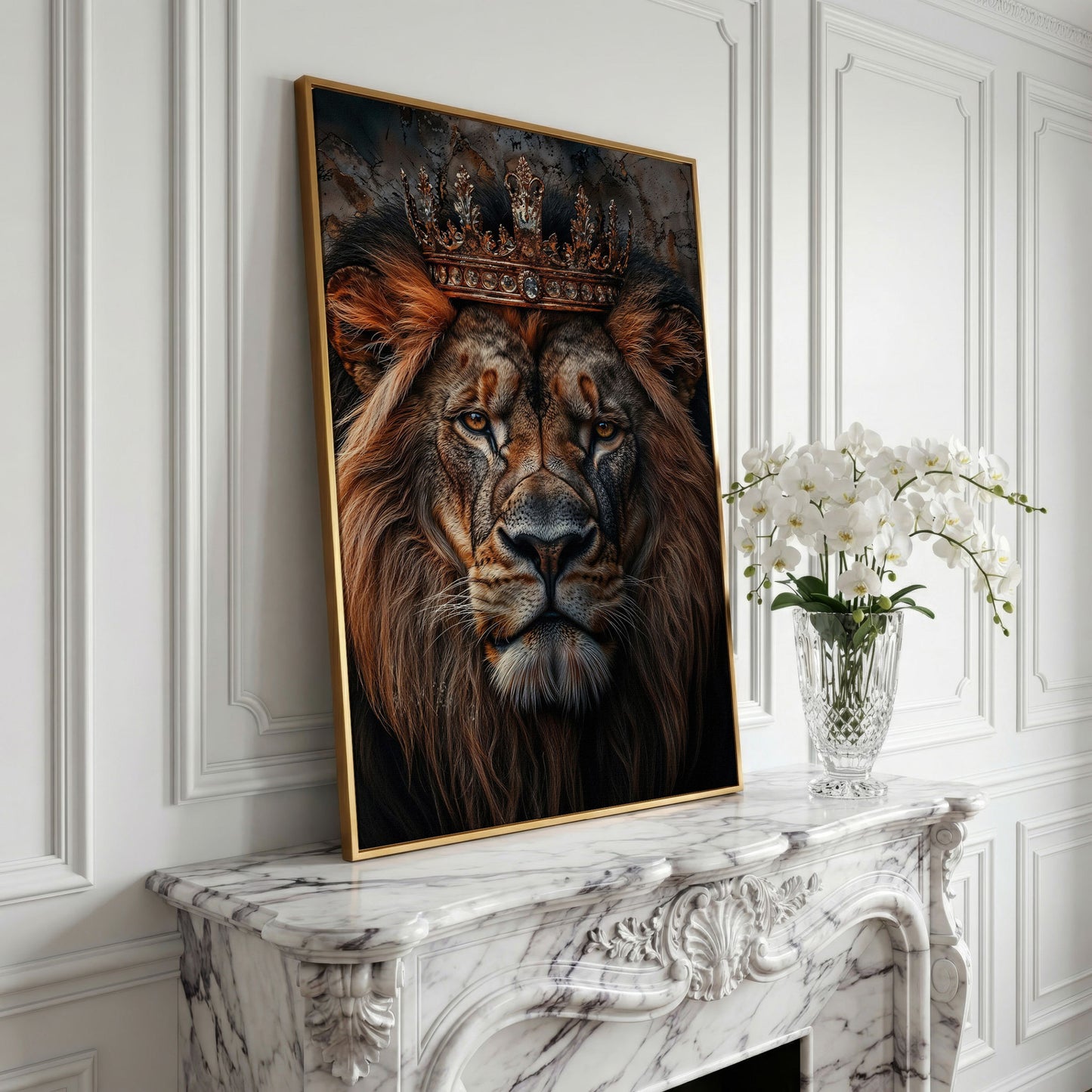 Lion Portrait Canvas with Gold Crown in yellow gold floating frame