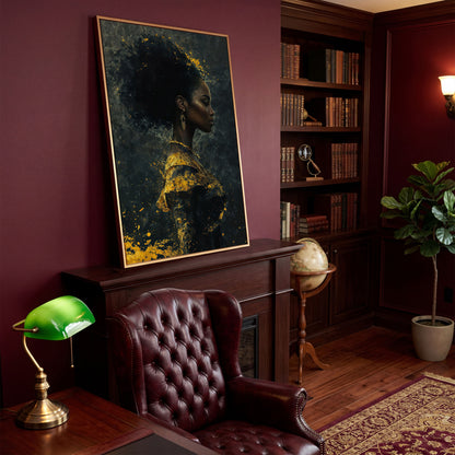 Woman in Profile with Gold Splatter Canvas in antique gold floating frame