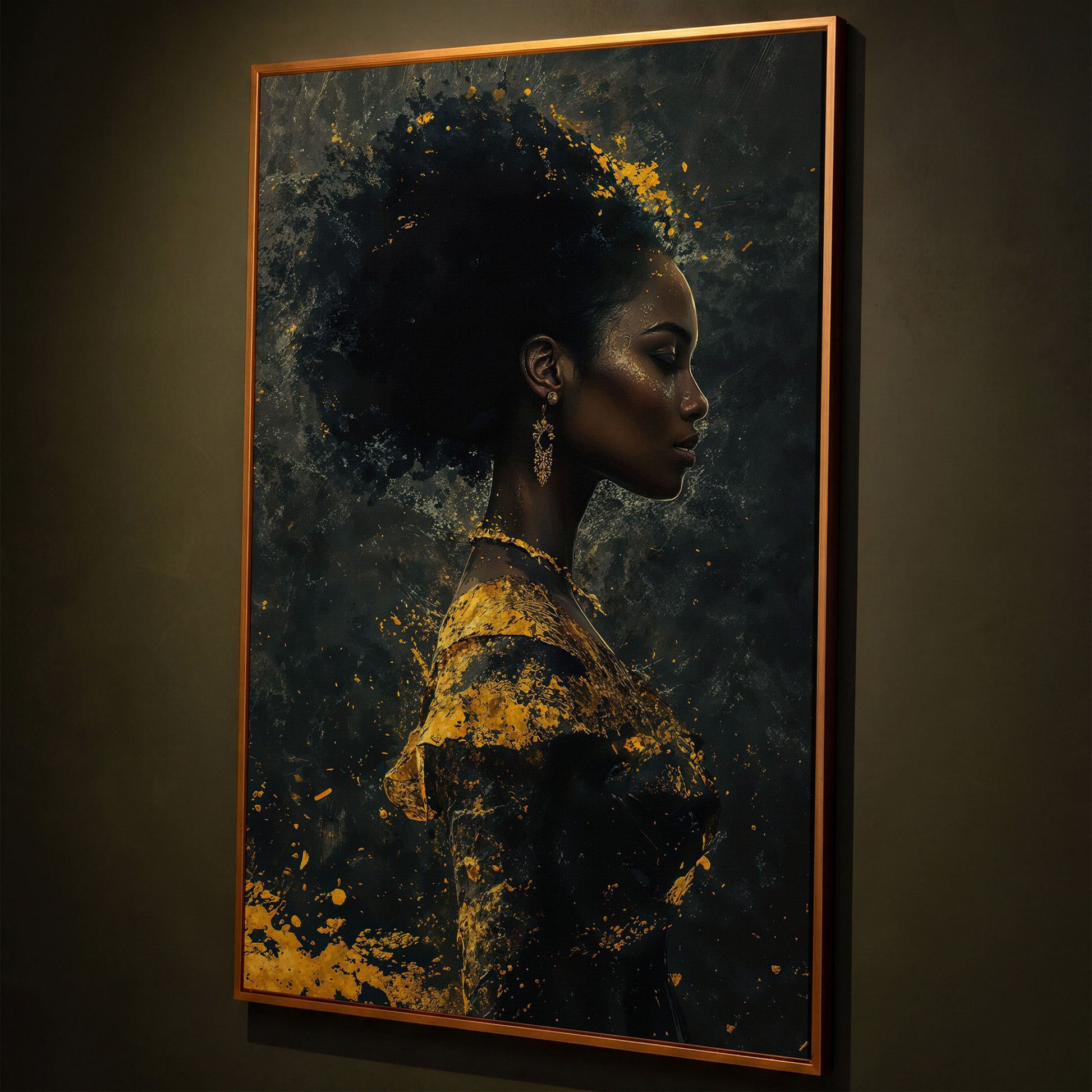 Woman in Profile with Gold Splatter Canvas shown in antique gold floating frame