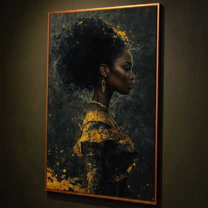 Woman in Profile with Gold Splatter Canvas shown in antique gold floating frame