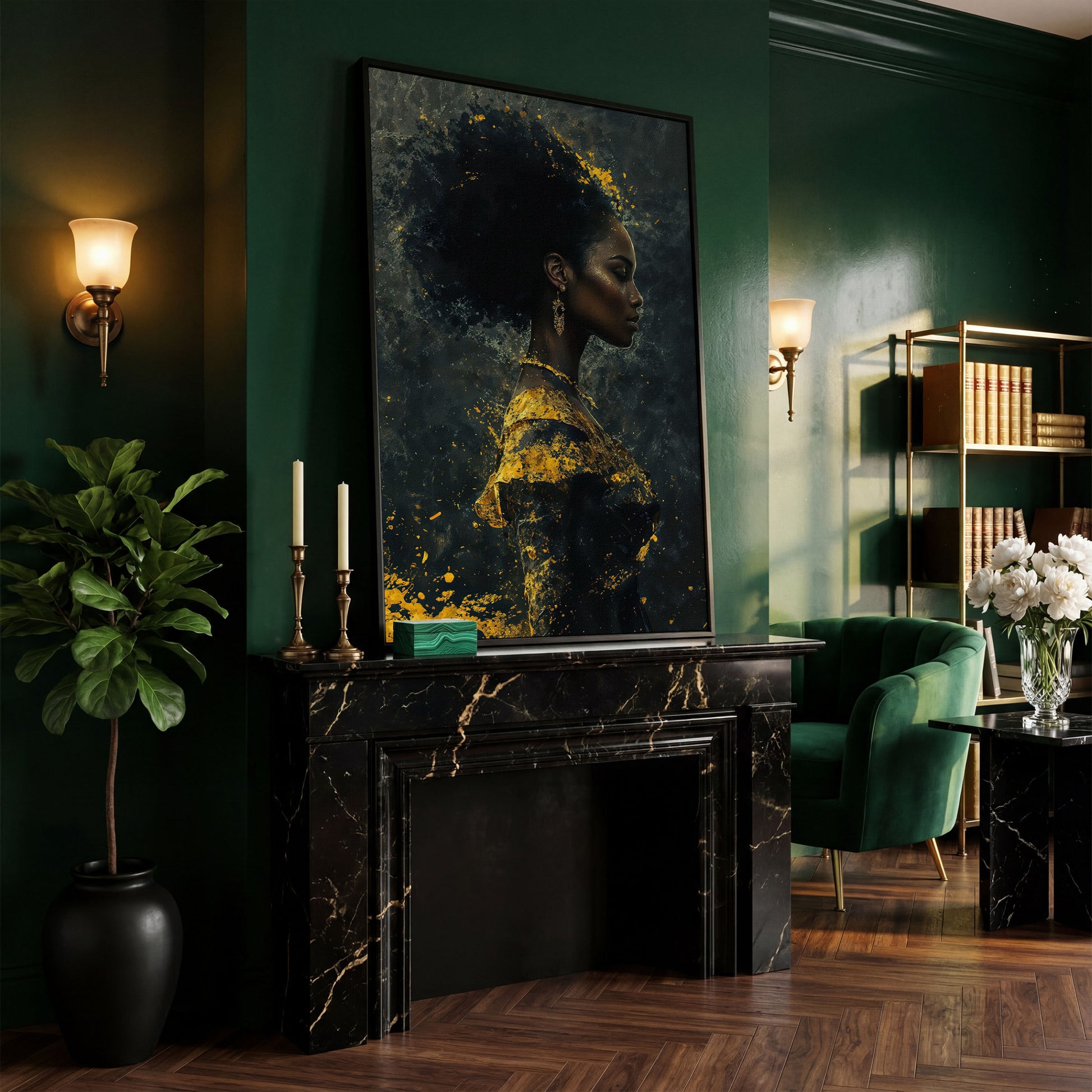 Woman in Profile with Gold Splatter Canvas in black floating frame