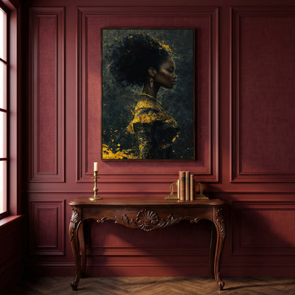 Woman in Profile with Gold Splatter Canvas in dark walnut floating frame