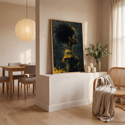 Woman in Profile with Gold Splatter Canvas in white oak floating frame