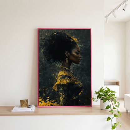 Woman in Profile with Gold Splatter Canvas in pink floating frame