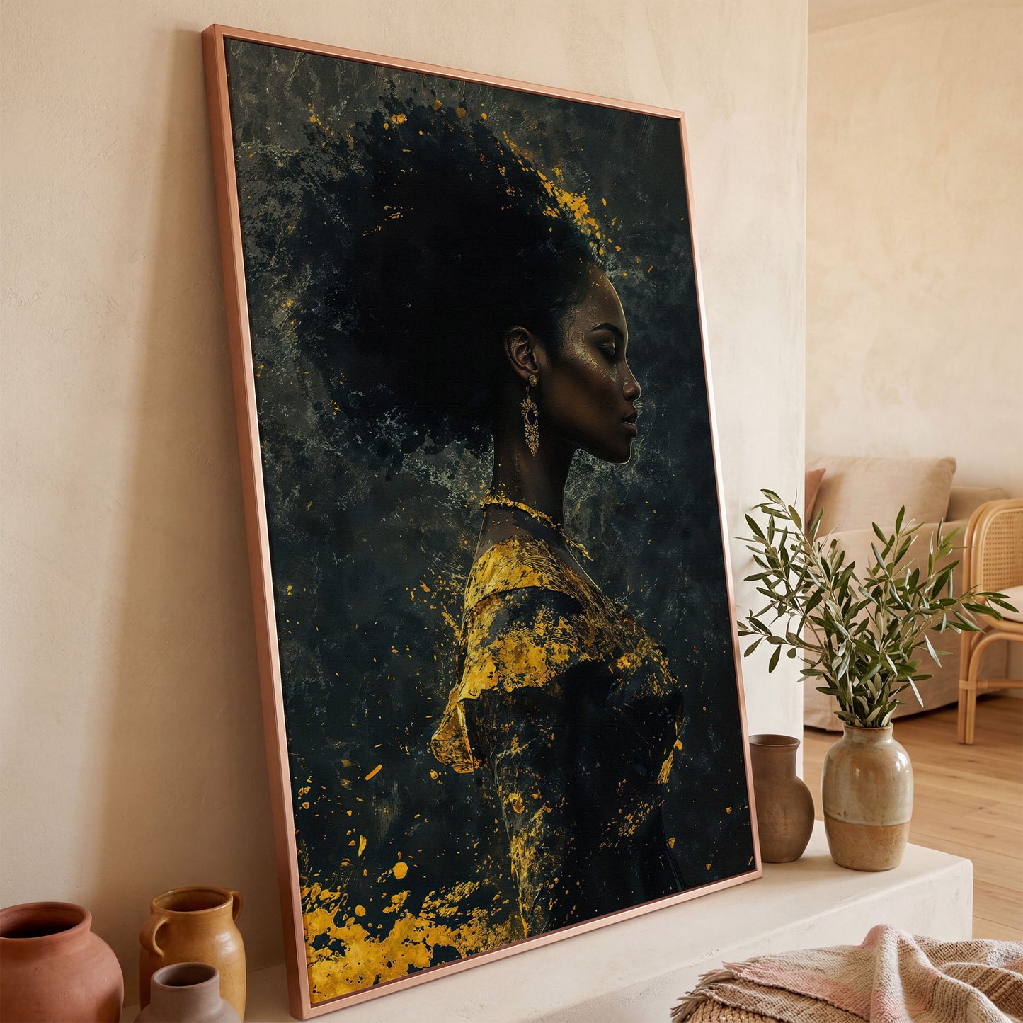 Woman in Profile with Gold Splatter Canvas in rose gold floating frame