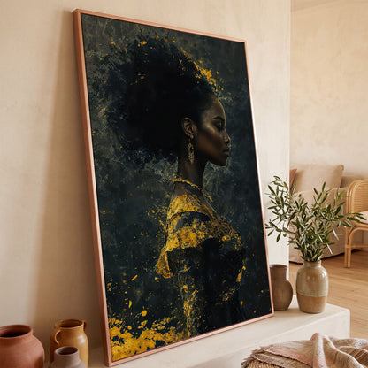 Woman in Profile with Gold Splatter Canvas in rose gold floating frame