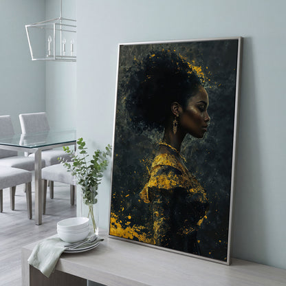 Woman in Profile with Gold Splatter Canvas in silver floating frame