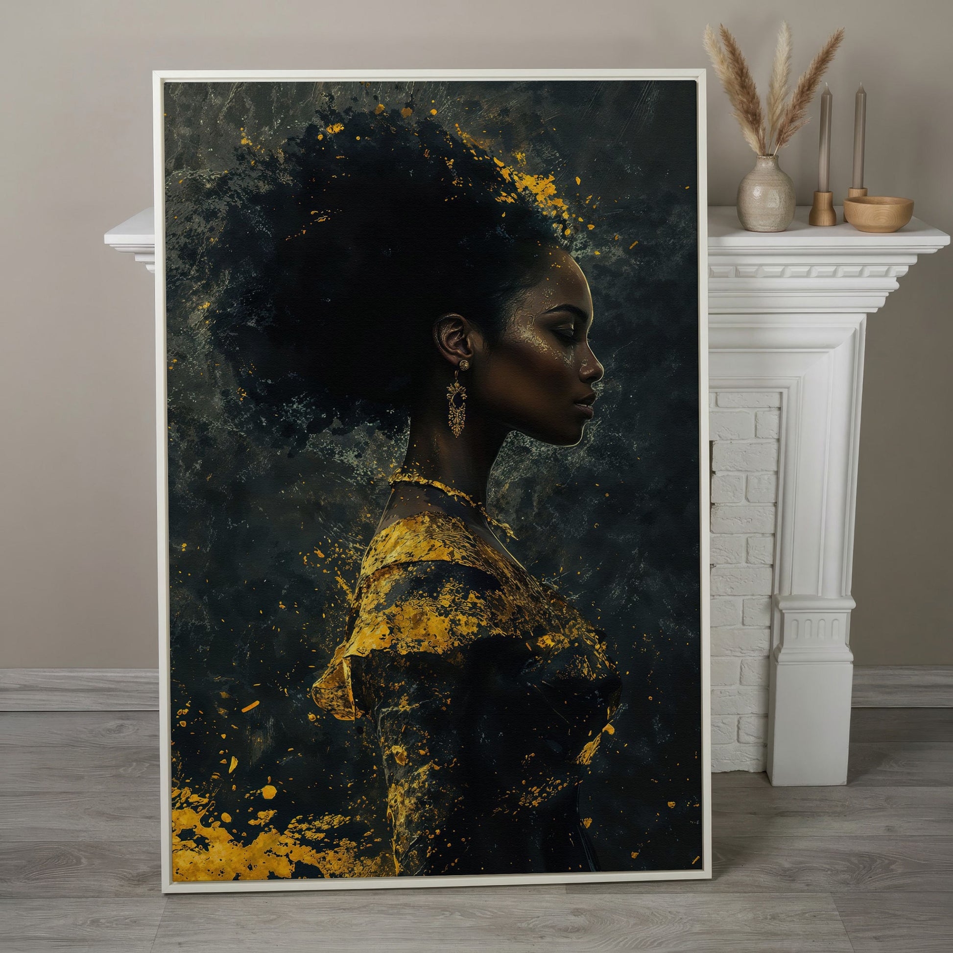 Woman in Profile with Gold Splatter Canvas in white floating frame