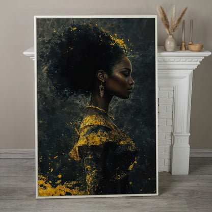 Woman in Profile with Gold Splatter Canvas in white floating frame