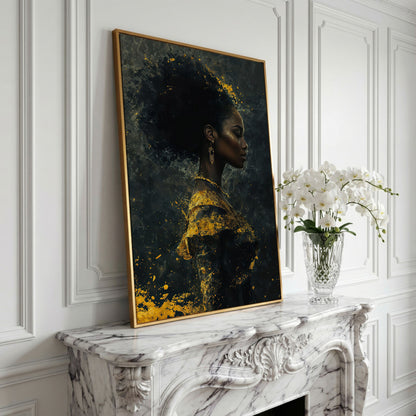 Woman in Profile with Gold Splatter Canvas in yellow gold floating frame