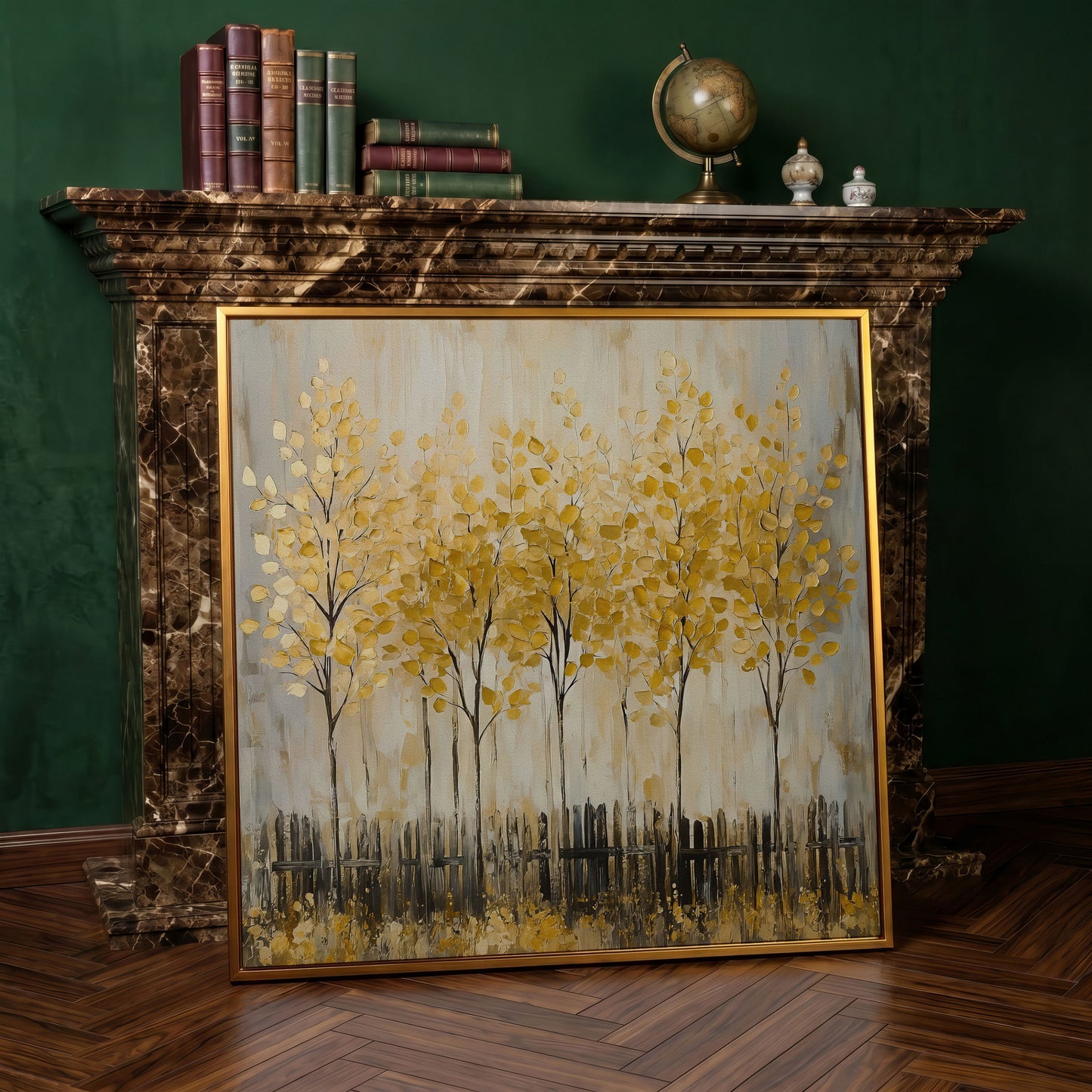 Golden Fall Trees with Stylized Fence, Square Canvas Art in antique gold floating frame