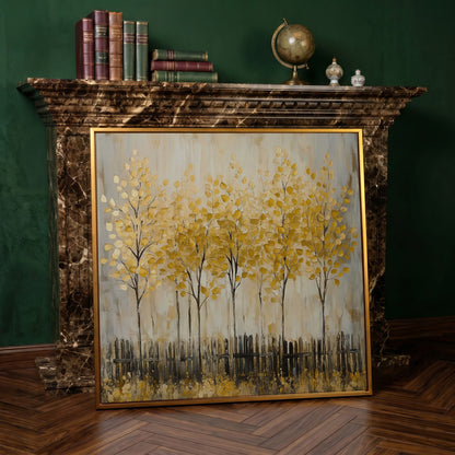 Golden Fall Trees with Stylized Fence, Square Canvas Art in antique gold floating frame