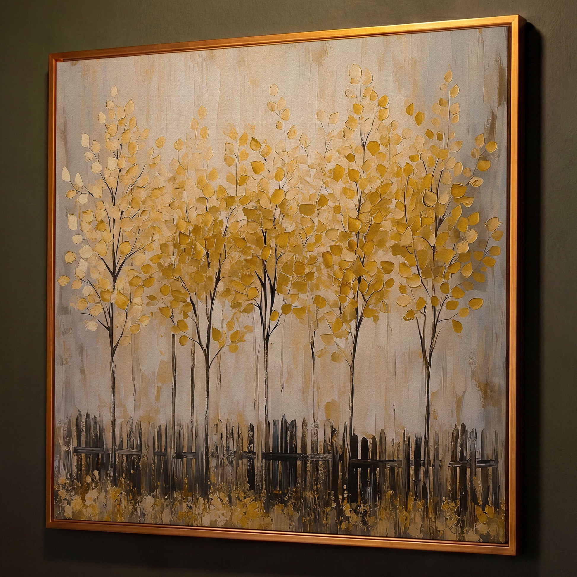 Golden Fall Trees with Stylized Fence, Square Canvas Art shown in antique gold floating frame
