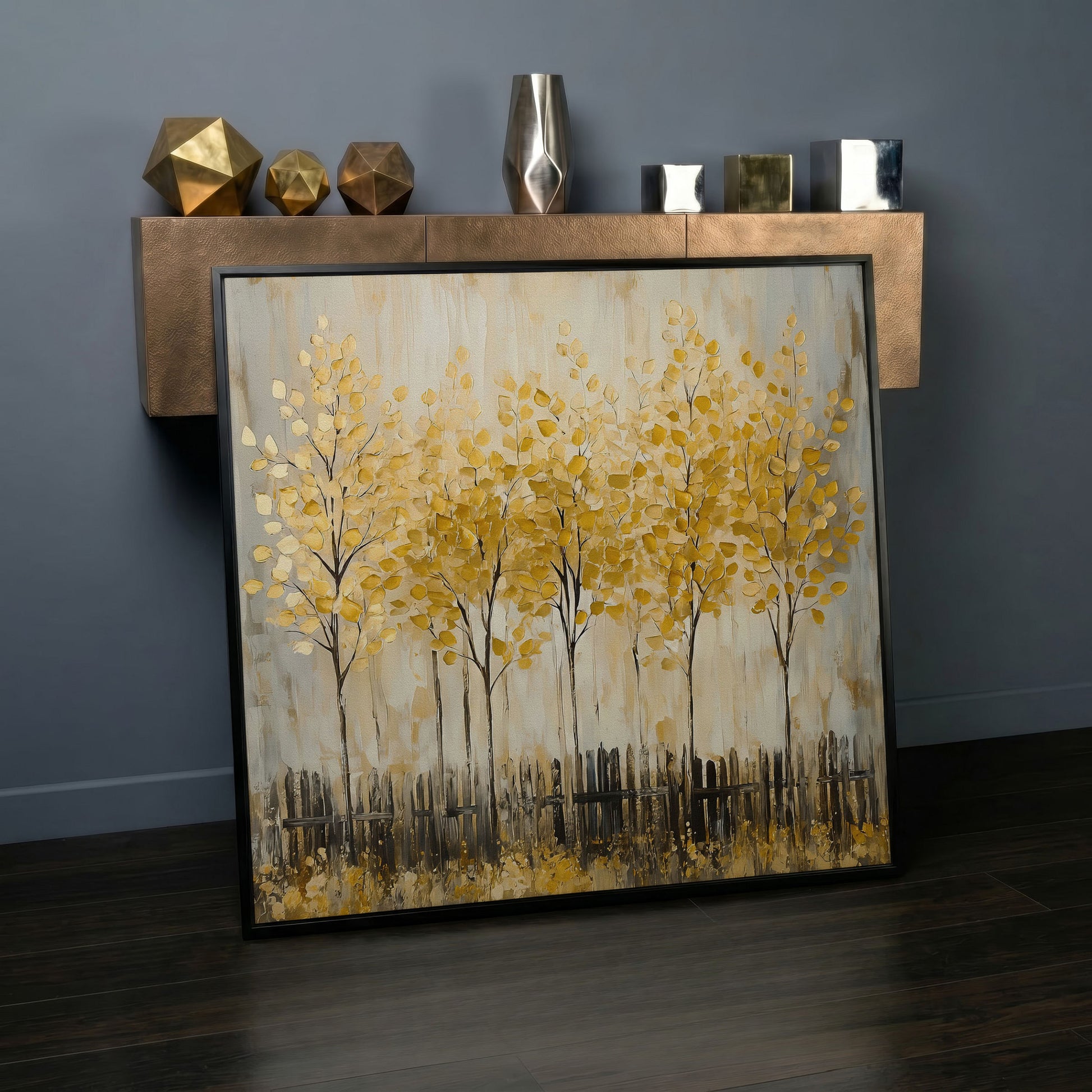 Golden Fall Trees with Stylized Fence, Square Canvas Art in black floating frame