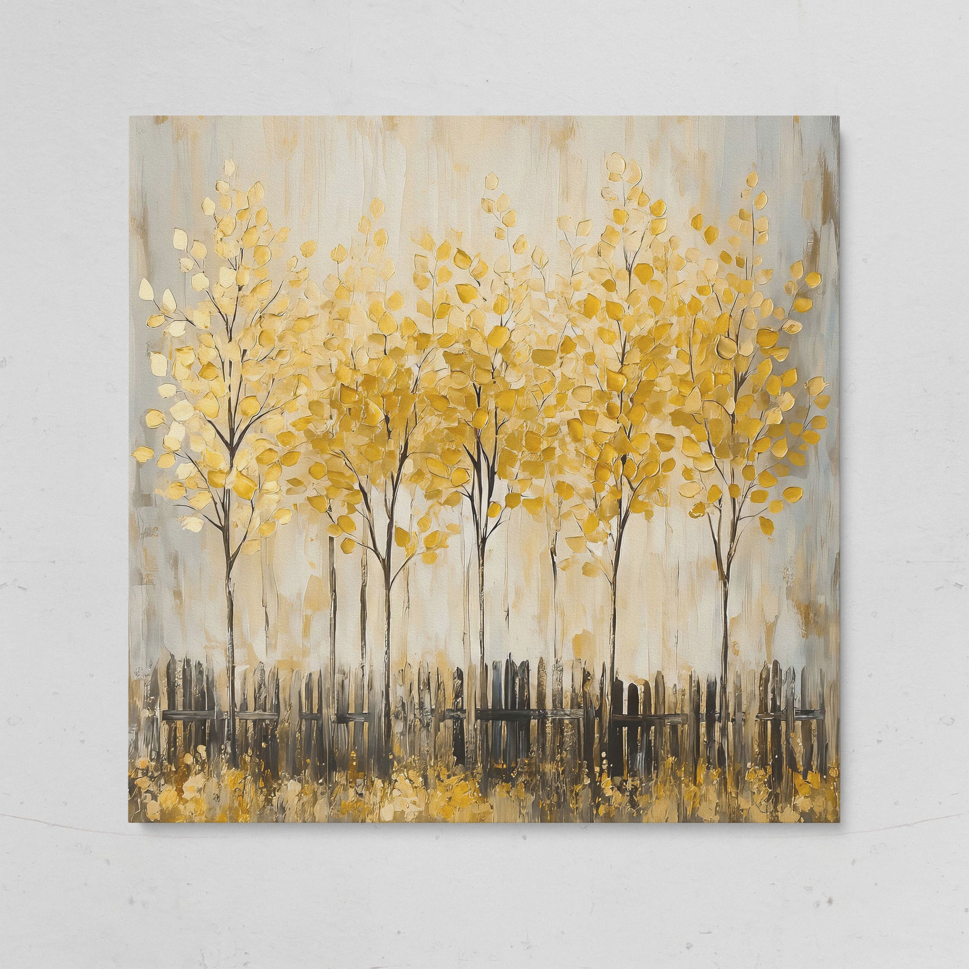 Golden Fall Trees with Stylized Fence, Square Canvas Art on gallery wrap