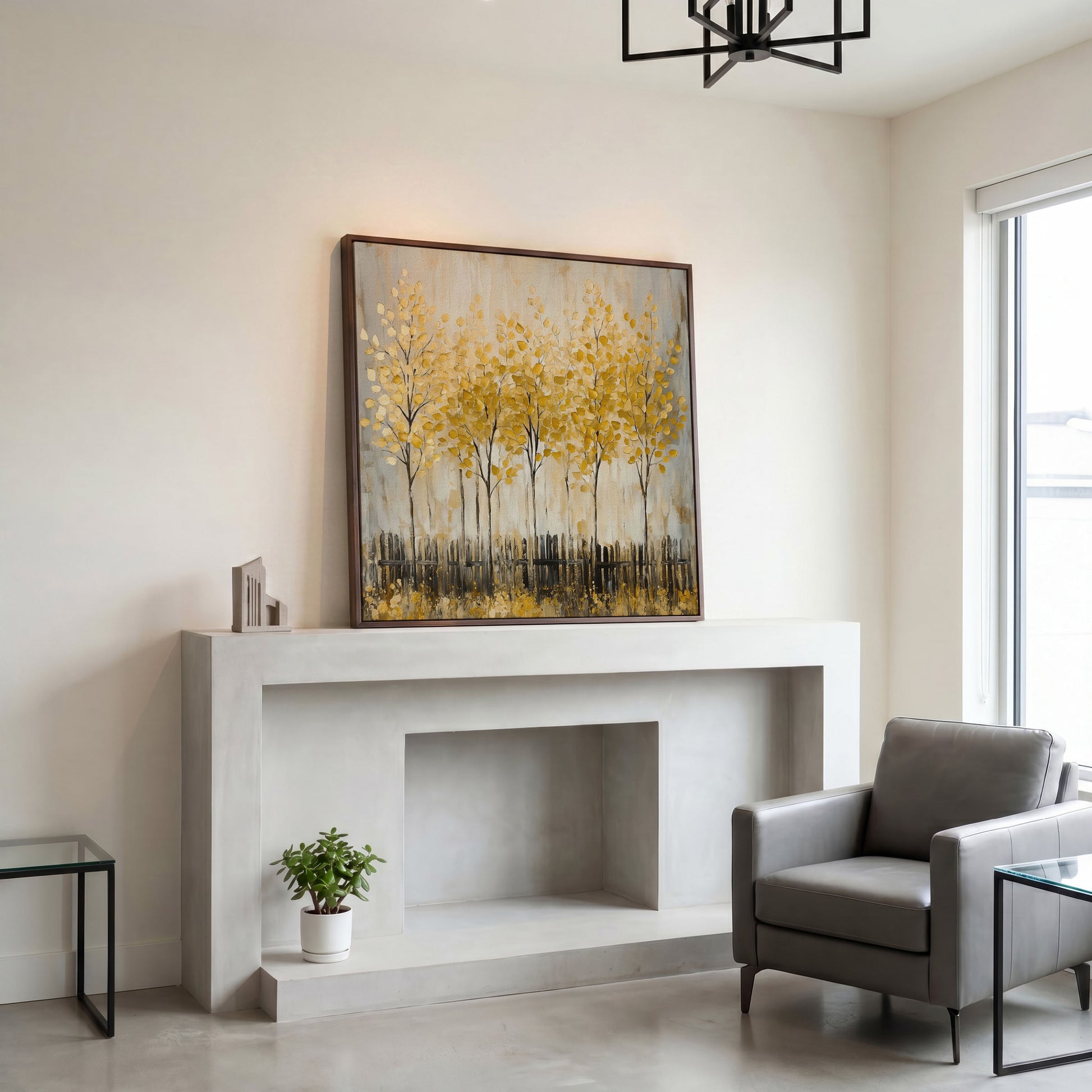 Golden Fall Trees with Stylized Fence, Square Canvas Art in dark walnut floating frame