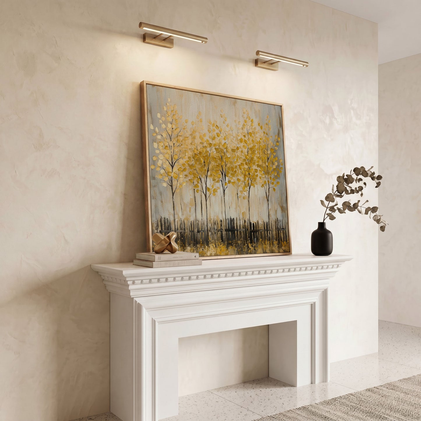Golden Fall Trees with Stylized Fence, Square Canvas Art in white oak floating frame