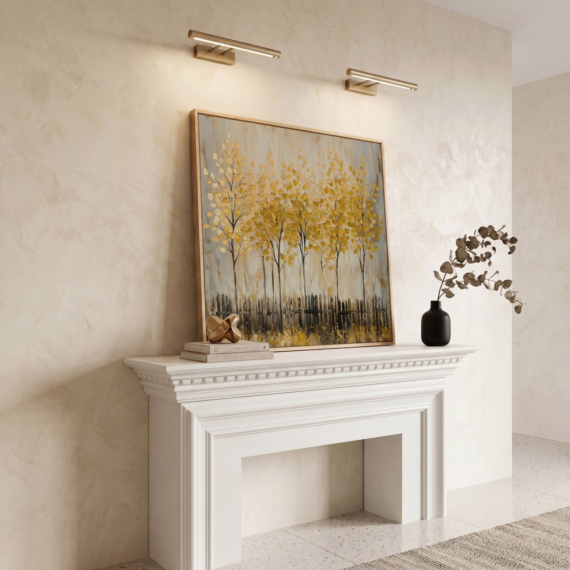 Golden Fall Trees with Stylized Fence, Square Canvas Art in white oak floating frame