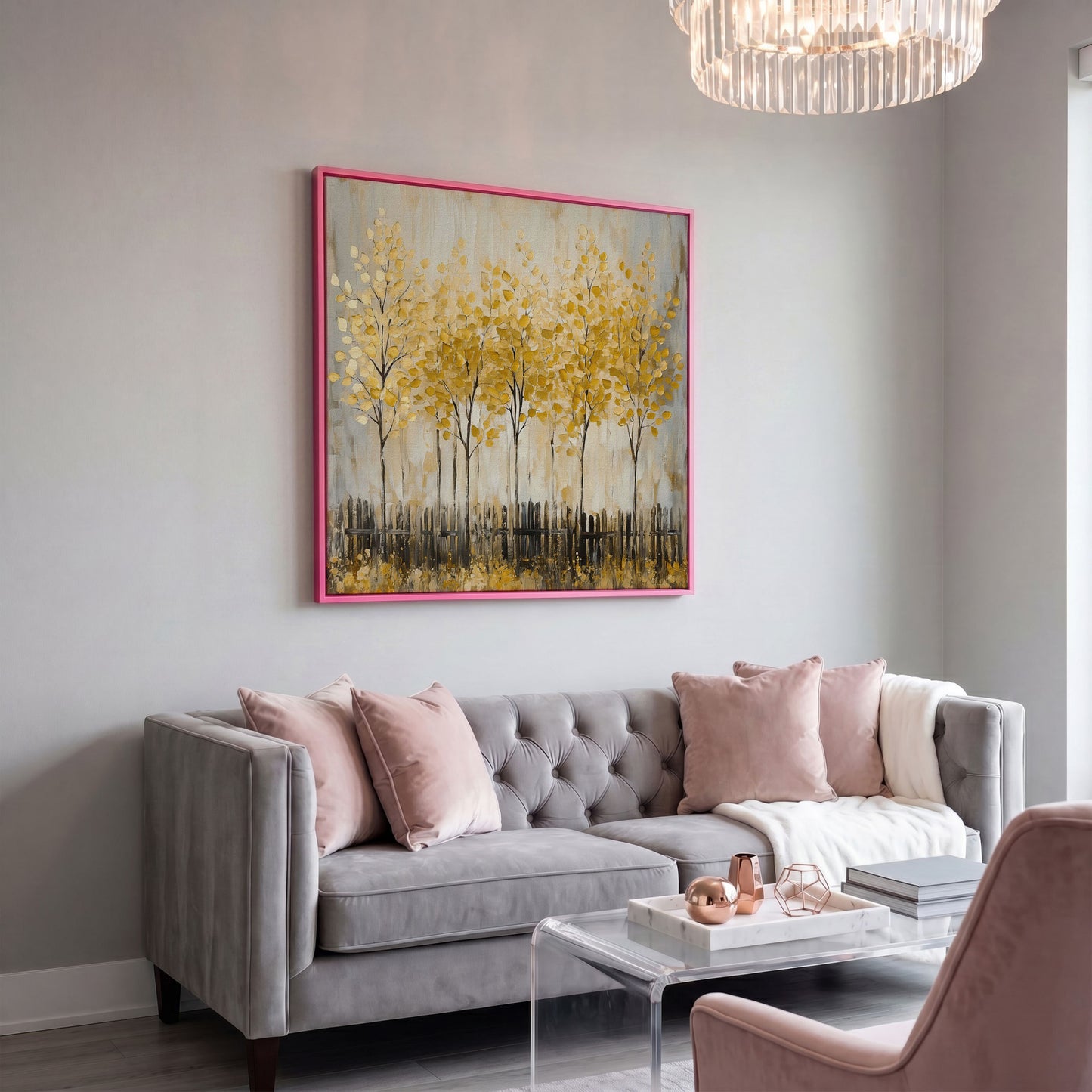 Golden Fall Trees with Stylized Fence, Square Canvas Art in pink floating frame