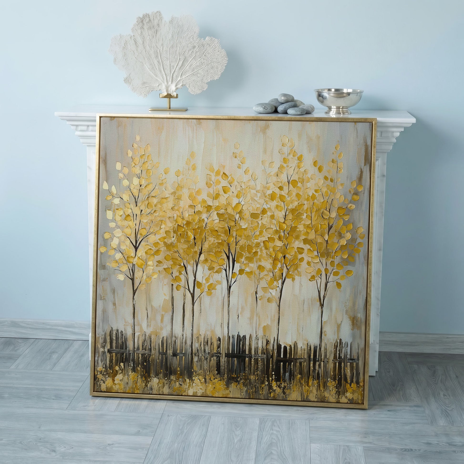 Golden Fall Trees with Stylized Fence, Square Canvas Art in rose gold floating frame