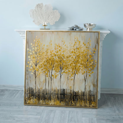 Golden Fall Trees with Stylized Fence, Square Canvas Art in rose gold floating frame