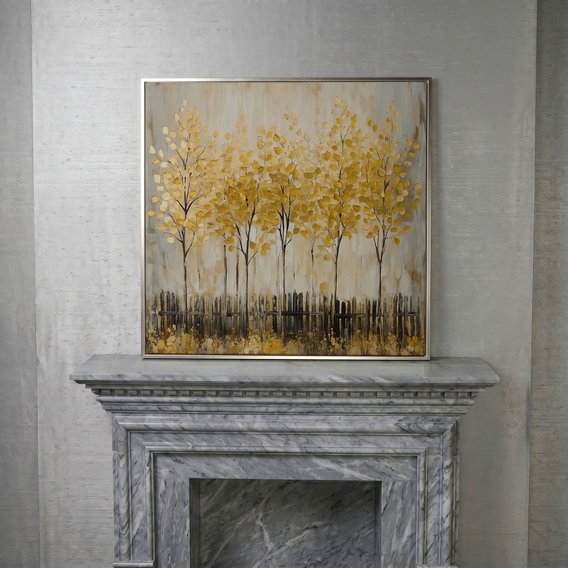 Golden Fall Trees with Stylized Fence, Square Canvas Art in silver floating frame