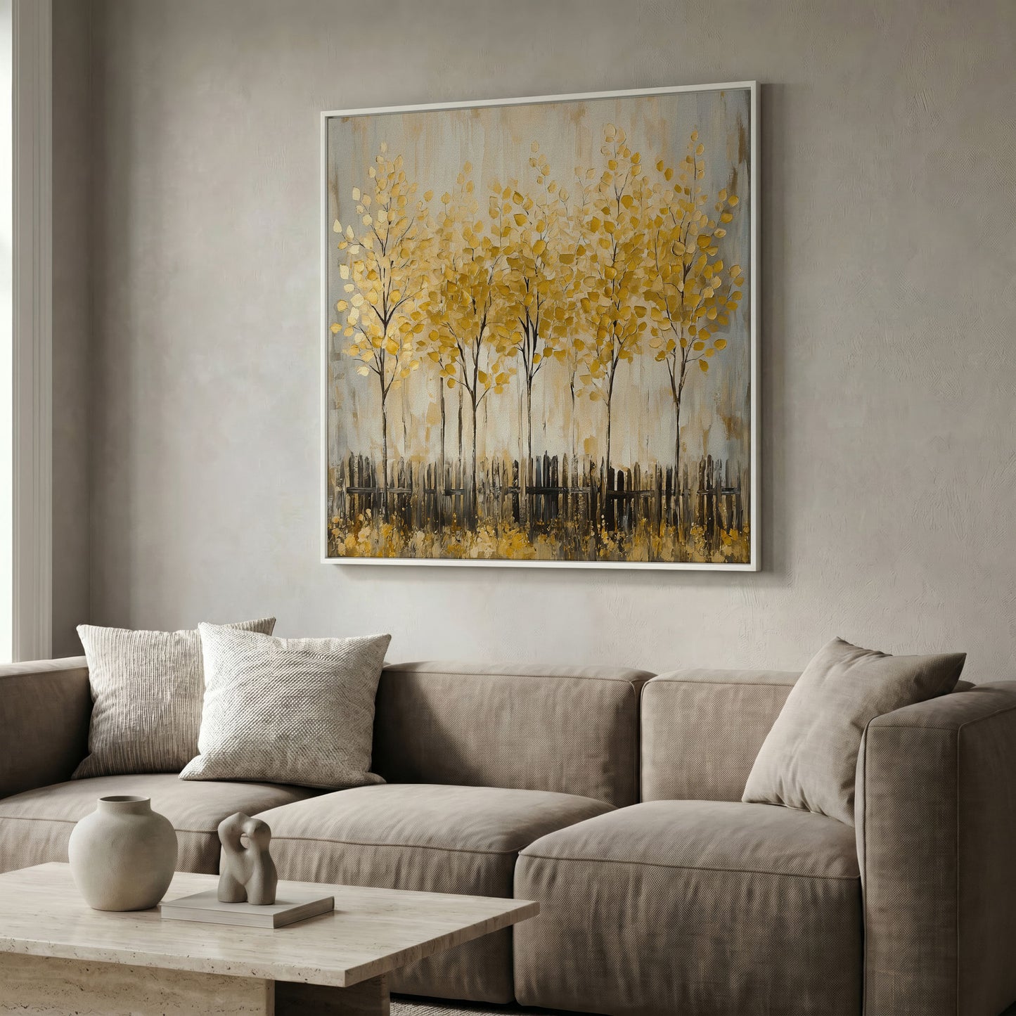 Golden Fall Trees with Stylized Fence, Square Canvas Art in white floating frame