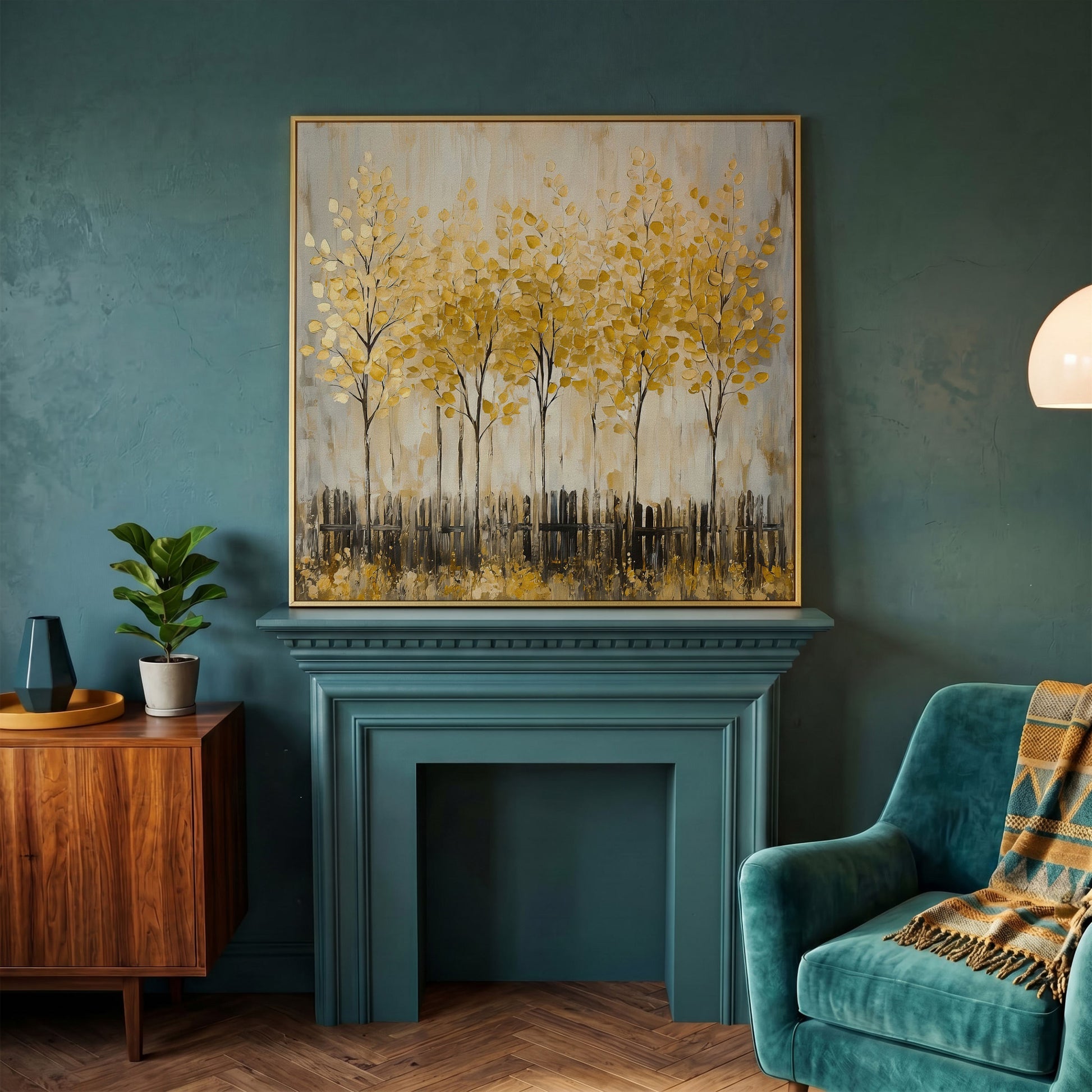 Golden Fall Trees with Stylized Fence, Square Canvas Art in yellow gold floating frame